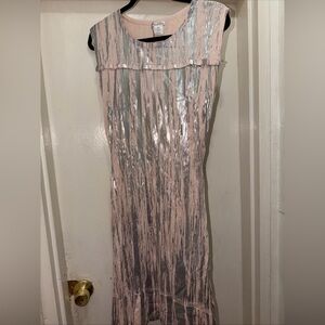 Oscar de la Renta Blush Pink Maxi Dress with Silver Metallic Stripes